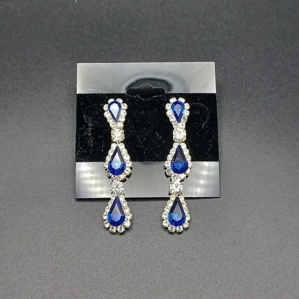 Royal Blue Dangle Earrings Silver Tone Tiered Teardrop Pageant Prom 2.25"